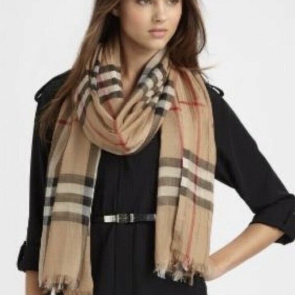 BURBERRY Modal/Wool/Ilk Large Check Lightwight Camel Scarf